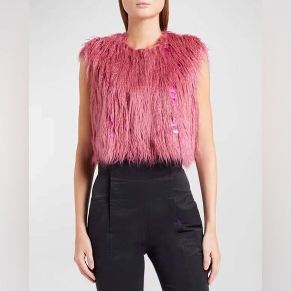 Alabama Muse NWT Lanny Gold Embellished Sleeveless Fur Jacket Desert Rose IT 42 - Picture 6 of 11